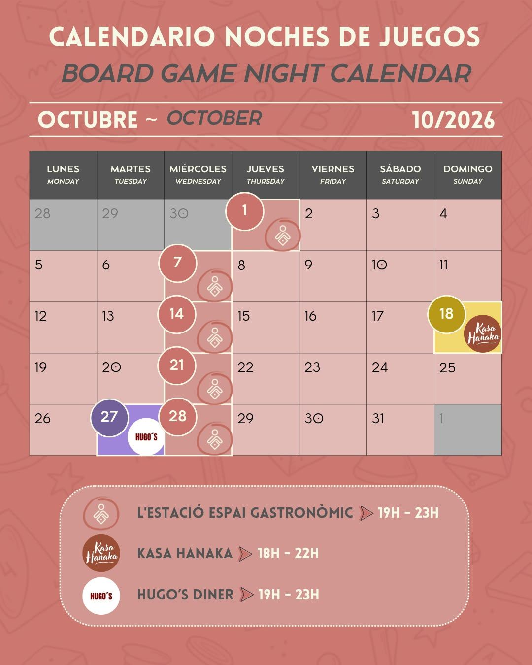 Calendario del mes de octubre de 2026